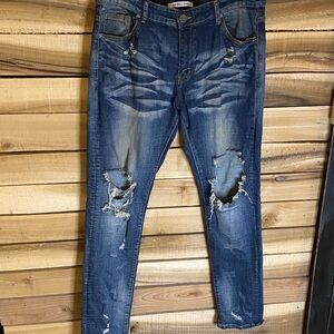 Embellish Distressed Blue Denim taper leg Jeans size 36x34